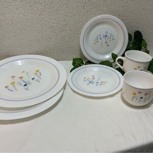 6 Arcopal France dinner salad plates cups White Milk Glass With Flowers Pastoral